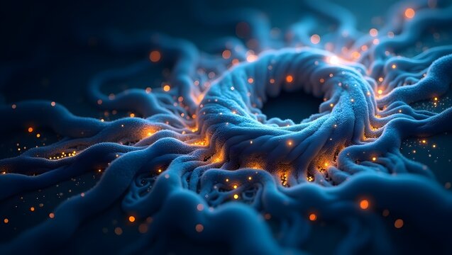 Abstract representation of a language model with flowing data streams, neural pathways forming text structures, glowing particles, digital art 