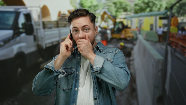 Young man with beard using phone at construction site with vehicles and tools visible, expressing communication amidst an outdoor house construction setting. - Powered by Adobe