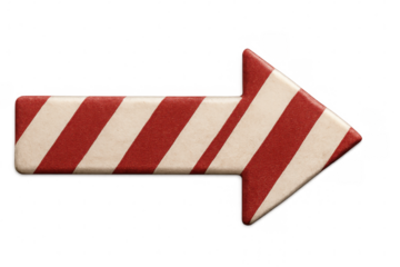 Striped red-white directional arrow pointing rightward, transparent background highlighting navigational guidance or informational emphasis