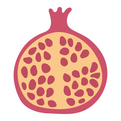 Pomegranate cut, half, Rosh Hashanah symbol, isolated on transparent. Hand drawn flat vector illustration. Traditional Hebrew New Year clip art, seasonal summer, autumn fruit design element