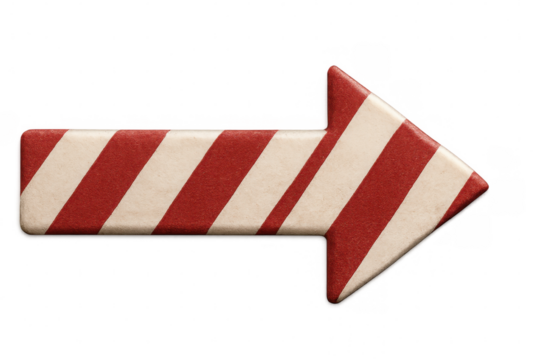 Striped red-white directional arrow pointing rightward, transparent background highlighting navigational guidance or informational emphasis