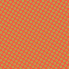 Retro geometric pattern with circles and square shapes creating an abstract design on a salmon background.