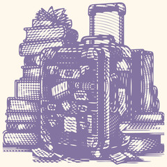 Vintage circle line halftone stamp bundle featuring suitcase with wheels and stacked books illustration in retro vector style, perfect for travel, education, and print design projects