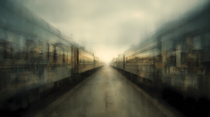 magazine feature on nostalgia | isolation in routine | introspective stillness | dusty emerald and beige | symmetrical tension | train interiors | layered atmospheric glow | soft edge layering |