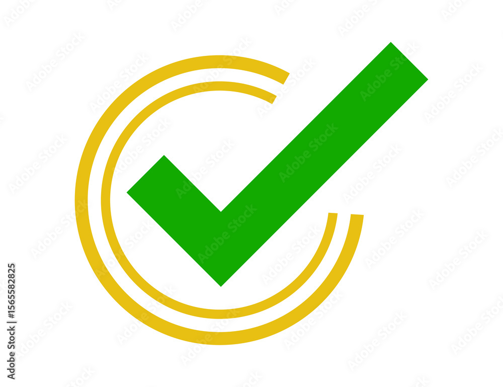 Poster green check mark symbol inside a yellow circular outline isolated on transparent background