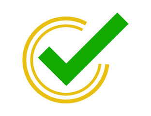 Green check mark symbol inside a yellow circular outline isolated on transparent background