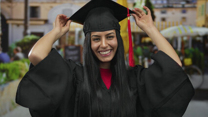 Young hispanic woman in graduation uniform smiling outdoors in vibrant city street setting...