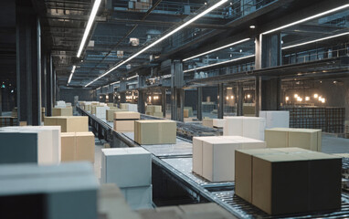 3D Illustration of an Automated Sorting System in a Warehouse Featuring Conveyor Belts Transporting Labeled Cardboard Boxes for Logistics and Distribution.
