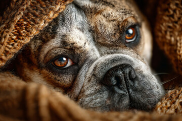 Bulldog peek out from under knitted blanket