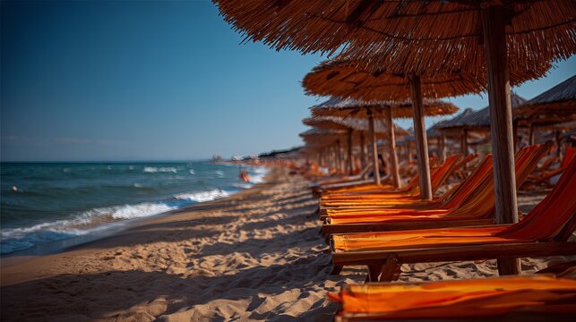 Sunny Beach in Bulgaria has beach chairs and umbrellas. - Powered by Adobe