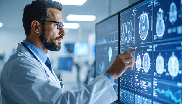 Medical Professional Analyzing Brain Scan: A focused medical expert, clad in a crisp lab coat, meticulously analyzes detailed brain scans on a series of high-tech monitors.