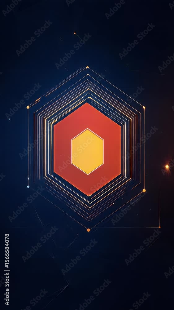 Poster abstract geometric design featuring a layered hexagonal shape with orange and yellow hues set agains