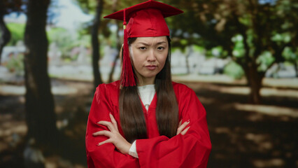 Woman in red graduation gown stands outdoors in a park looking serious with arms crossed, set...