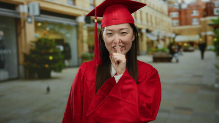 Woman in red graduation gown gesturing silence on urban street with festive decorations and people...