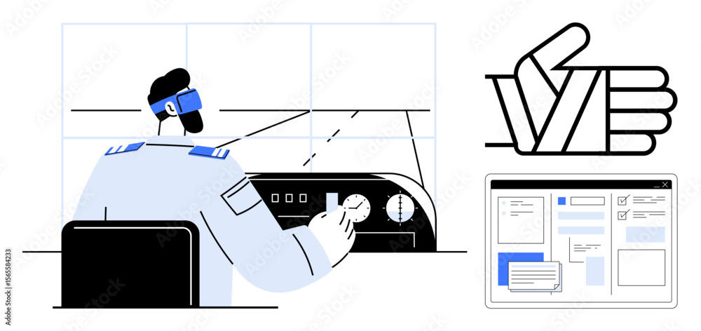 Poster pilot adjusting flight controls in cockpit with navigation virtual interface for data review and han