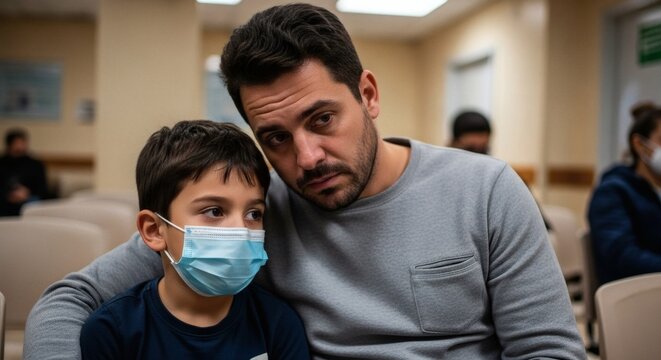 Father and son wearing face masks sit together in a waiting room with other people present