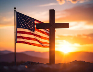 Sunset Cross with American Flag, and Mountains.