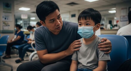 Father comforts his masked son in a waiting room full of people at a medical clinic or hospital