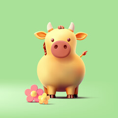 3D, yellow cute cow with daisies on a green background. Stylized farm cattle in a green field. Vector illustration.