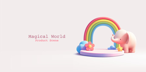 3D baby elephant, rainbow, empty podium, flowers, cloud. Magical scene for advertising and promotion of children's goods. Modern banner. Vector illustration.