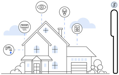 Modern house with icons representing water management, energy saving, security, climate control, and automation. Ideal for smart technology, energy monitoring, home automation, IoT eco-friendly
