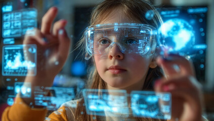 Young Girl Wearing VR Glasses Engaged in an Online Educational Experience – Concept of Future Learning, Educational Technology, and Immersive Virtual Reality for Children.
