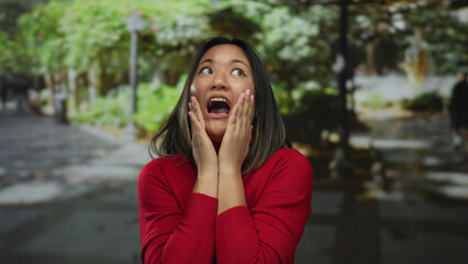 Woman in a red sweater expresses joy and surprise in a lush park setting during daylight, capturing...