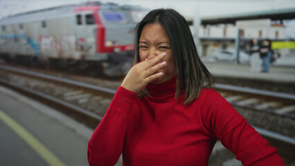 Young chinese woman in red reacts with disgust at a train station, holding her nose and gesturing...