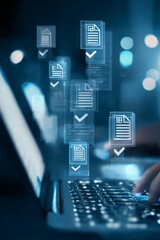 Document Management Concept – Reviewing Electronic Documents on a Virtual Screen. Document Management System and Process Automation for Efficient, Paperless Operations.
