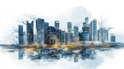 Photo sur Plexiglas A cityscape at twilight, rendered with abstract water splashes.