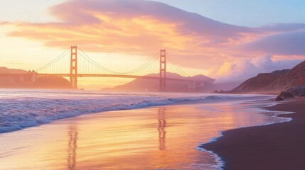 Fototapeta premium Majestic Frisco Skyline at Golden Hour with Iconic Golden Gate Bridge Reflected in Calm Bay Waters