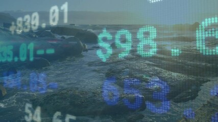 Rocky shoreline staying static while market figures popping and updating visualizing market changes