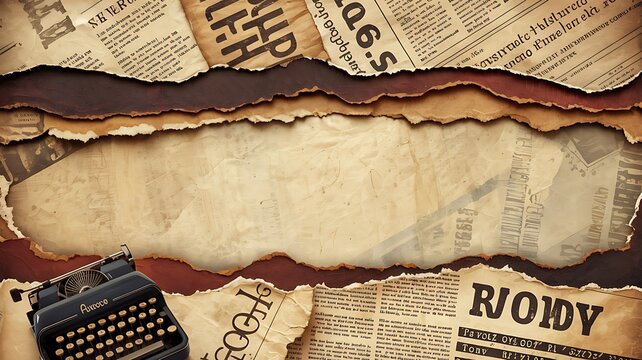 Vintage typewriter on torn newspaper background torn paper