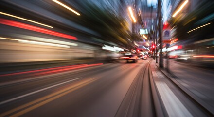 Fast-paced urban street scene at night.  Cars and lights blur in motion