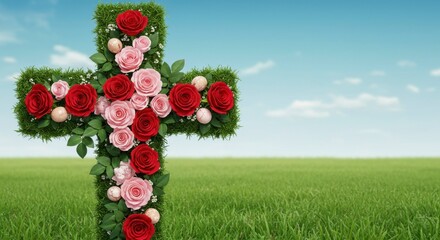 A cross-shaped floral arrangement with roses of various colors and greenery, set against a backdrop of a grassy field