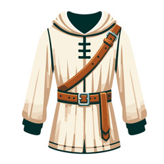 Medieval tunic with leather belt and cross emblem in ivory cartoon style. Perfect for historical reenactments, costume design or medieval-themed event illustrations.