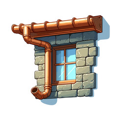 Stone window frame with copper rain gutter in architectural cartoon style. Ideal for building element catalogs, historical restoration guides, and exterior design references.
