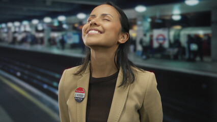 Woman smiling indoors at train station wearing i voted badge representing hispanic heritage and american pride with flag pin, showcasing civic engagement in urban environment.