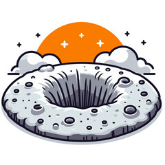 Volcanic crater with clouds and sunset in animated cartoon style. Ideal for geological education, natural landmark tourism or volcanic activity awareness illustrations.