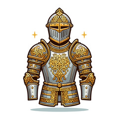Ornate golden knight armor with decorative patterns in royal cartoon style. Perfect for medieval tournaments, fantasy game character design or historical royal guard illustrations.