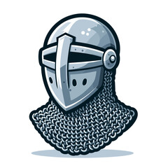 Medieval knight helmet with chainmail in metallic cartoon style. Great for historical weapon collections, medieval reenactments or fantasy battle gear illustrations.
