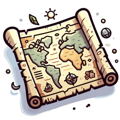 Vintage treasure map with compass and continents in adventure cartoon style. Great for exploration games, pirate themes or adventure travel illustrations.