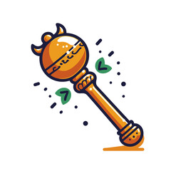 Ornate royal scepter with green leaves in golden cartoon style. Great for fairy tale royalty, fantasy kingdom rulers or ceremonial regalia illustrations.