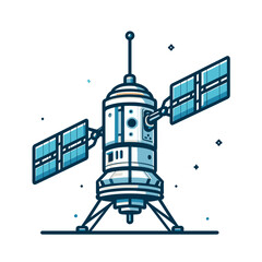 Space satellite with solar panels and antenna in blue technical cartoon style. Ideal for aerospace technology, space exploration, and scientific research illustrations.