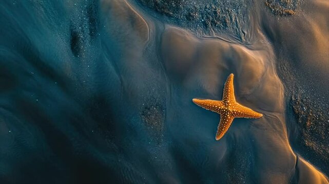 Golden starfish on dark, wet sand at sunset