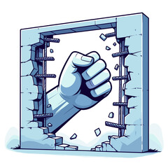 Fist breaking through concrete wall in dynamic cartoon style. Great for strength concepts, breakthrough moments or personal empowerment illustrations.