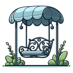 Garden swing bench with blue canopy and decorative elements in outdoor cartoon style. Perfect for garden furniture catalogs, patio design or relaxation space illustrations.
