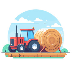 Red tractor with hay bale in countryside setting, farming cartoon style. Ideal for agricultural equipment, harvest season or rural farming illustrations.