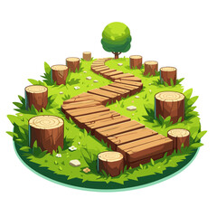 Wooden pathway with tree stumps in circular garden island, cartoon style. Ideal for landscape design, garden pathway ideas or natural playground illustrations.
