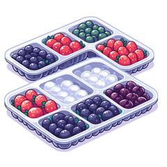 Plastic container with assorted berries in compartments, fresh fruit cartoon style. Ideal for healthy snack packaging, berry farming or fresh produce displays illustrations.
